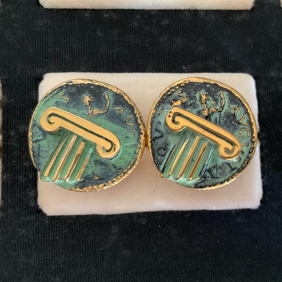 Vintage Roman Green Coin Cuff Links - Picture 1 of 3